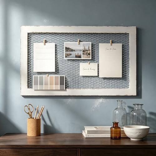SOFE Chicken Wire White Framed Bulletin Boards, 18×29" Wood Grid Shelf by SOFE