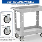 Large Garage Plastic Utility Cart, Heavy Duty 2 Shelf Tool Cart Service Cart Rolling Push Carts with Ergonomic Handle 5" Swivel Casters. - Image 5