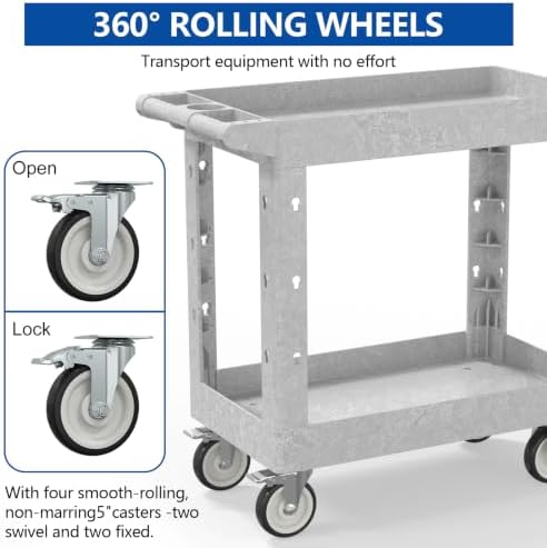 Large Garage Plastic Utility Cart, Heavy Duty 2 Shelf Tool Cart Service Cart Rolling Push Carts with Ergonomic Handle 5" Swivel Casters. - Image 5