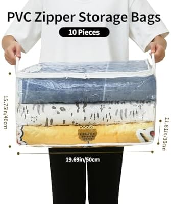10 PCS Clear Zippered Storage Bags with Handle, Sweater Storage with Zipper, Foldable Closet Organizer Bed Sheet Organizer, Cube Plastic Organizer, Bag, Bin for Clothes,Towel-20 * 16 * 12 - Image 2