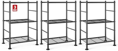 Sakugi 3-Pack Storage Shelves - 3-Tier Metal Wire Shelf Organizer, Slim Shelf Rack with Adjustable Feet for Laundry Room, Kitchen, Garage Organization, 18.2" x 12.3" x 30.4", Black by Sakugi