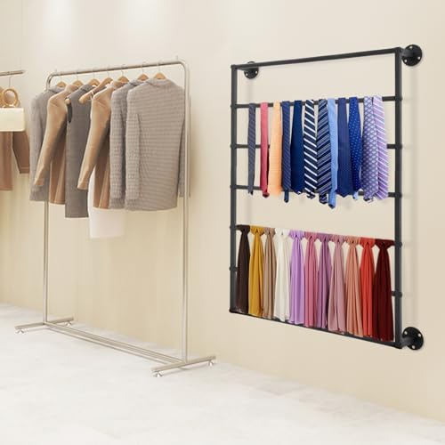 7 Tier Wall Mounted Tie Rack Scarf Display Stand Belt Pants Hangers Scarves Hijab Stand, Towel Rack Ribbon Holder,Wrapping Paper Spool Storage for Retail,Store (Black, 7 Tier 23.6x33in) - Image 3