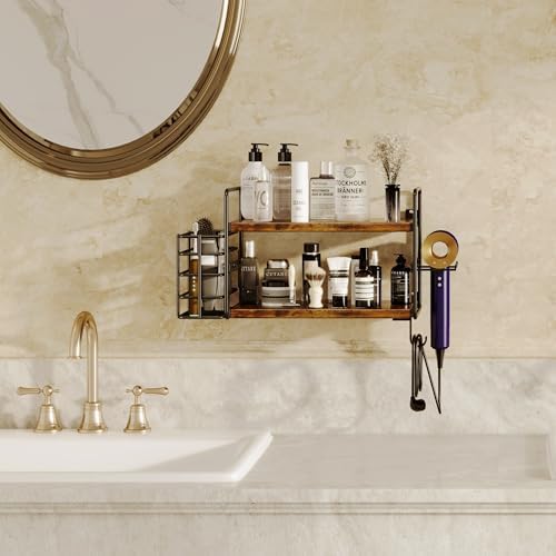 3-in-1 Wall Mounted Hair Dryer Holder with 2 Tier Shelves & Detachable Basket, Space Saving Organizer for Bathroom, Kitchen, Bedroom, Rust-Resistant, Easy Install (Rustic Brown) - Image 6