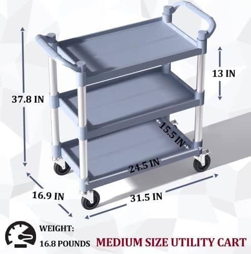 Plastic Utility Carts with Wheels, 3-Tier Medium Size Restaurant Food Cart, Heavy Duty 510lbs Capacity Rolling Service Cart w/Hammer for Commercial, Kitchen, Office (Lockable Wheels, M-Grey) - Image 5