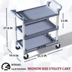 Plastic Utility Carts with Wheels, 3-Tier Medium Size Restaurant Food Cart, Heavy Duty 510lbs Capacity Rolling Service Cart w/Hammer for Commercial, Kitchen, Office (Lockable Wheels, M-Grey) - Image 5