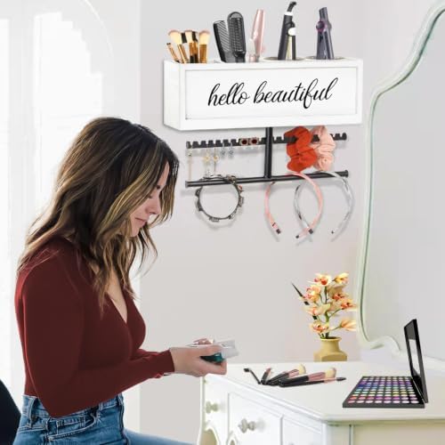 Rustic Hair Dryer Holder Wall Mounted,Hair Styling Tools & Accessories Organizer,Bathroom Supplies & hot Tools vanities Organizer Caddy,for Storage Flat Iron,Blow Dryer,Curling Iron (White) - Image 5