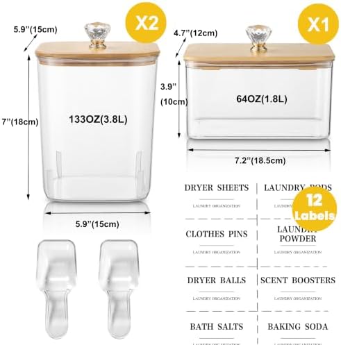 3 Pack Large Laundry Powder Container and Dryer Sheet Holder with Airtight Lid, Clear Plastic Laundry Pods Container for Laundry Room with Scoops, 12 Lables - Image 2
