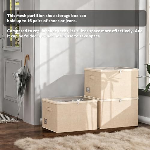 Shoe Organizer for Closet, 2 Pack Foldable Shoe Storage Box with Clear Cover and Adjustable Dividers, Stackable Storage Bins for Boots, Fits up to 32 Pairs (Beige, 19.7 × 15.7 × 12.6 in) - Image 5