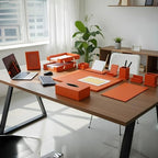 Luxury Executive Leather Desk Organizer Set –13-Piece Office Desk Accessories with Desk Pad, Letter Tray, Phone Stand, Pen Holder & Coasters – Professional Office Desk Decor & Gift (Orange) - Image 2
