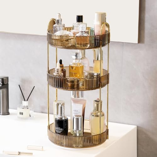 Aveniee Rotating Makeup Organizer for Vanity, 3 Tier Perfume Organizers and Storage for Bathroom Countertop, Clear Spinning Skincare Counter Shelf Holder for Dresser,Brown by Aveniee
