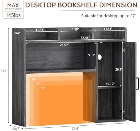 Dorm Desk Hutch, 37.4" Desktop Shelf with 6 Shelves & Power Outlet - Image 2