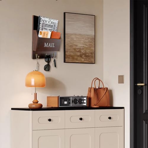 DLQuarts Solid Wood Mail Organizer with Key Holder for Wall, Mail Sorter Wall Mounted, Decorative Wooden Key and Mail Holder with 3 Hooks, Dark Walnut - Image 3