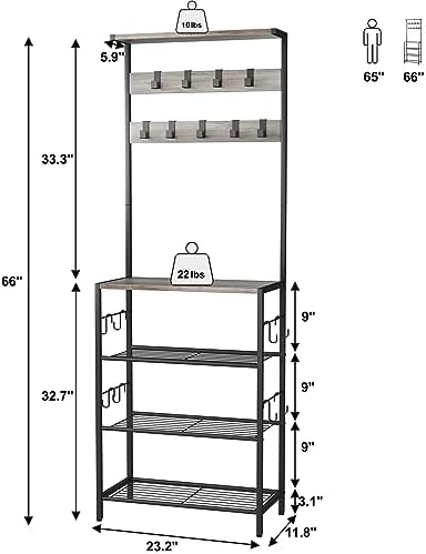 HOMEFORT Coat Rack with Shoe Storage, 5-Tier Shoe and Coat Rack with 9 Clothes Hooks, Freestanding Hall Tree Organizer for Entryway, Bedroom,Grey - Image 2