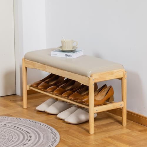 latifolia Small Shoe Bench, Solid Wood Bench with Cushion, 2 Tier Shoe Storage Organizer for Entryway(Nature,31.50''L) - Image 2