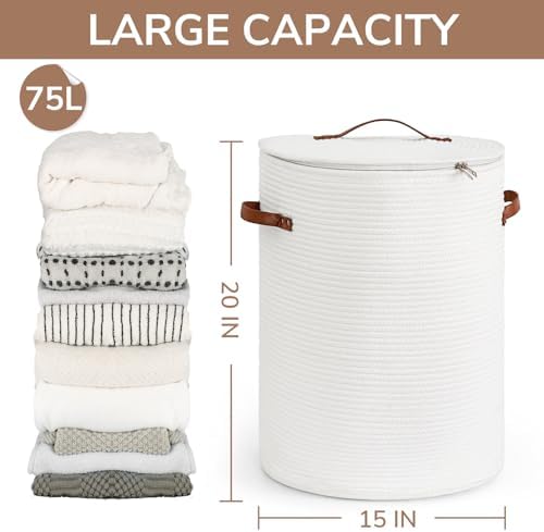 CHICVITA Large Woven Laundry Hamper with Lid & Leather Handles, 60L, White - Image 2