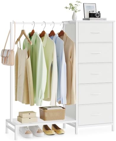 SONGMICS Dresser with Hanging Rod, 5 Fabric Drawers, Bottom Shelf by SONGMICS