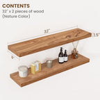Floating Shelves for Wall Decor, 8" Deep Rustic Solid Elm Wood Floating Shelves Wall Mounted, Wall Shelves with Invisible Bracket for Living Room Bathroom Bedroom Kitchen, 32 Inch Set of 2, Natural - Image 2