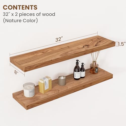Floating Shelves for Wall Decor, 8" Deep Rustic Solid Elm Wood Floating Shelves Wall Mounted, Wall Shelves with Invisible Bracket for Living Room Bathroom Bedroom Kitchen, 32 Inch Set of 2, Natural - Image 2