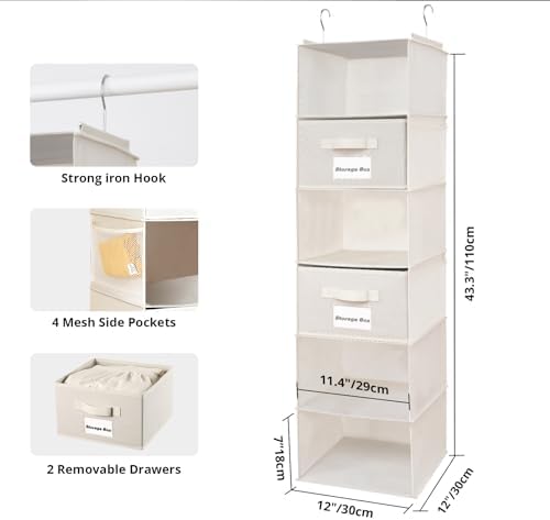 BrilliantJo 2 Pack 6 Shelves Hanging Closet Organizer with 2 Drawer, Hanging Storage with 4 Side Pockets for Clothes Shoes, 43.5"x12"x12"(Beige) - Image 3