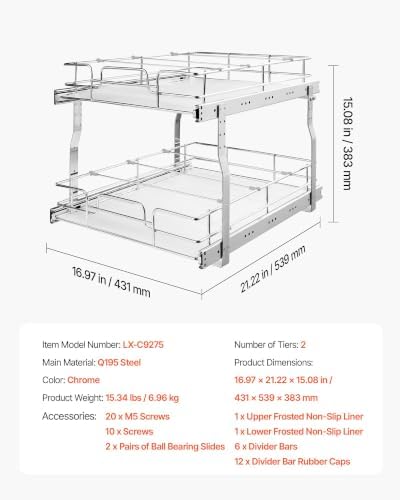 VEVOR 2 Tier Pull Out Cabinet Organizer 16.97"W x 21.22"D Slide Out Drawers - Image 7