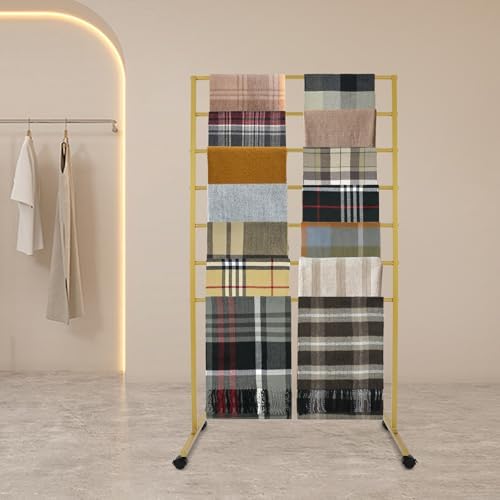 7-Tier Metal Scarf Display Stand with 360°Swivel Wheels, Freestanding Scarf Holder Organizer Rack, Floor Standing Belt Shawl Hijab Towel Display Rack for Boutique, Retail Store, Home (Golden) - Image 4