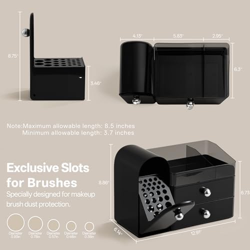 HBlife Makeup Organizer Countertop with Drawers, Cologne Organizer for Men, Vanity Organizers with Brush Holder, Bathroom Countertop Organizer Skin Care Storage, Gift for Dad Husband, Black Silver - Image 3