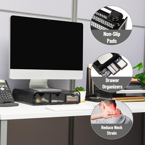 Mind Reader Monitor Stand, Ventilated Laptop Riser, Desktop Organizer, Storage, Metal Mesh, 13.25"L x 12.5"W x 3"H, Black - Image 4