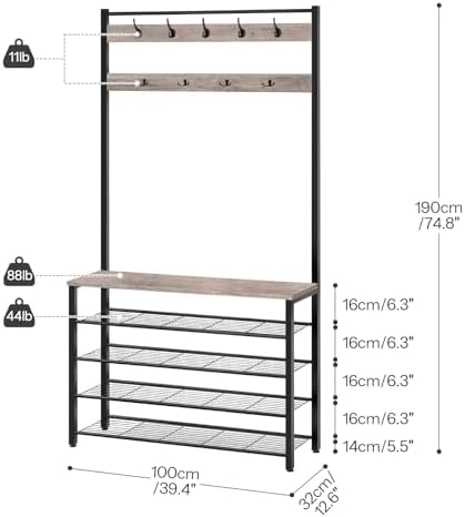 HOOBRO Hall Tree, Coat Rack with Shoe Rack, 39.4" Hall Tree with Bench, 5 Tier Shoe Storage Organizer with 9 Hooks for Entryway, Closet, Sturdy, Industrial, Greige and Black BG801MT01 - Image 4