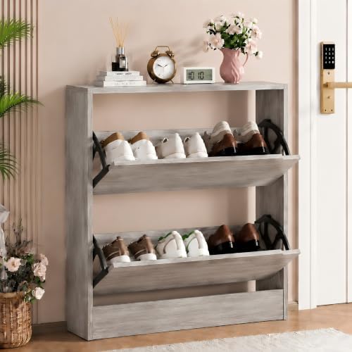 Grey Hidden Shoe Storage Cabinet for Entryway with 2 Flip Drawers by Boonatu