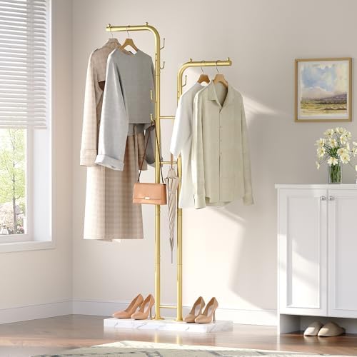 YATINEY Gold Coat Hanger Stand, Floor Standing Coat Rack, Entryway Coat Tree with 8 Hooks and Marble-Look Base, Modern Double-Pole Metal Clothes Rack for Entrance, Living Room, Bedroom, YM02DWY1 by Yatiney