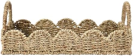 Household Essentials Seagrass Decorative Tray with Scalloped Edge, Handwoven Natural Wicker Organizer Basket with Handles & Iron Frame for Coffee Tables, Bathrooms & Countertops (Pack of 8) - Image 3