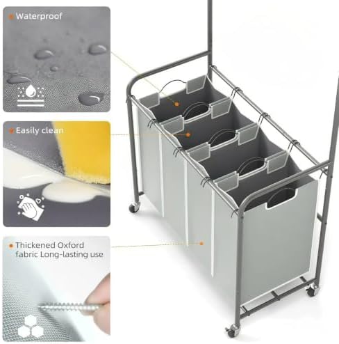 ROMOON Laundry Hamper Sorter Cart, 4 Section Organizer with Hanging Bar - Image 2