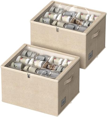 Shoe Organizer for Closet, 2 Pack Foldable Shoe Storage Box with Clear Cover and Adjustable Dividers, Stackable Storage Bins for Boots, Fits up to 32 Pairs (Beige, 19.7 × 15.7 × 12.6 in) by DYWMM