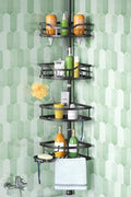 HAMITOR Corner Shower Caddy Tension Pole: Rustproof Stable 4-Tier Bathroom Organizer Shelves for Bathtub Shampoo Storage - 47-121 Inch Quick Install Adjustable Standing Rack with Soap Rack - Black by HAMITOR