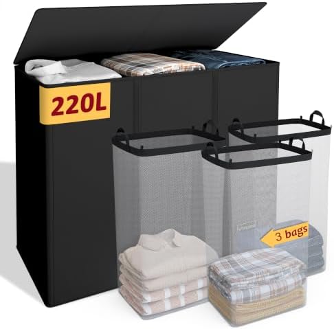 220L Laundry Hamper 3 Section,Large Laundry Hamper with Lid,Dirty Clothes Hamper with 3 Inner Bags,Collapsible Laundry Basket Organizer for Laundry Room,Bedroom,Laundry Sorter Hamper 3 Compartment by Vincona