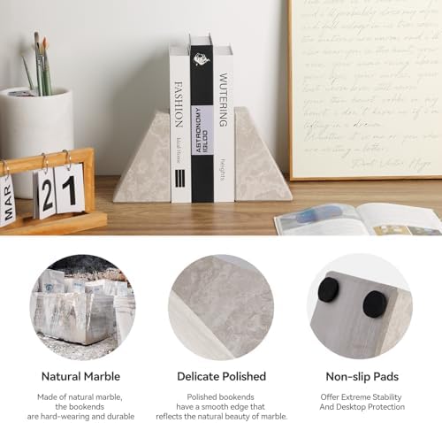 Marble Bookends for Heavy Books, Decorative Book Ends for Shelves, Durable and Heavy-Duty Bookends for Hardback Book & CDS, Off-White Unique Books Stopper & Holder, Set of 2 - Image 2