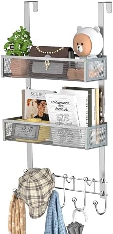 HapiRm Over The Door Hanger with Coat Hooks and 2 Baskets, Rustproof & Waterproof Over The Door Hooks, Storage Organizer for Hats, Bathroom, Kitchen, Bedroom - Brushed Nickel by HapiRm