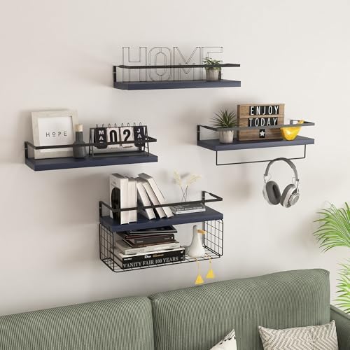 Wood Floating Shelves Wall Mounted - 4+1 Tier Rustic Bathroom Wall Shelves Over Toilet with Wire Storage Basket and Towel Bar, set of 4 Farmhouse Floating Shelf for Bathroom, Kitchen,Navy Blue. - Image 6