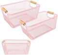 PTSGCAI 2Pack Metal Mesh Steel Basket with Bamboo Handle - Wire Metal Basket for Kitchen Organization, 12" Wide Food Organizer Bin, Perfect for Organizing Bulk Pantry (PINK) by PTSGCAI