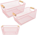 PTSGCAI 2Pack Metal Mesh Steel Basket with Bamboo Handle - Wire Metal Basket for Kitchen Organization, 12" Wide Food Organizer Bin, Perfect for Organizing Bulk Pantry (PINK) by PTSGCAI