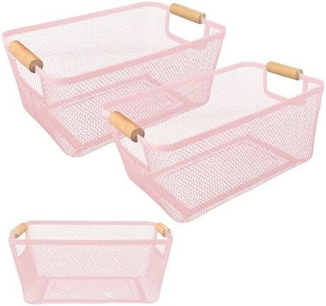 PTSGCAI 2Pack Metal Mesh Steel Basket with Bamboo Handle - Wire Metal Basket for Kitchen Organization, 12" Wide Food Organizer Bin, Perfect for Organizing Bulk Pantry (PINK) by PTSGCAI