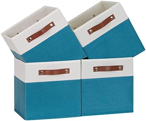 Temary Storage Cube Bins 11 Cube Storage Bins Storage Baskets for Closet, Shelves 4 Pack Fabric Organizer Bins with Leather Handles(White&Teal) by TEMARY