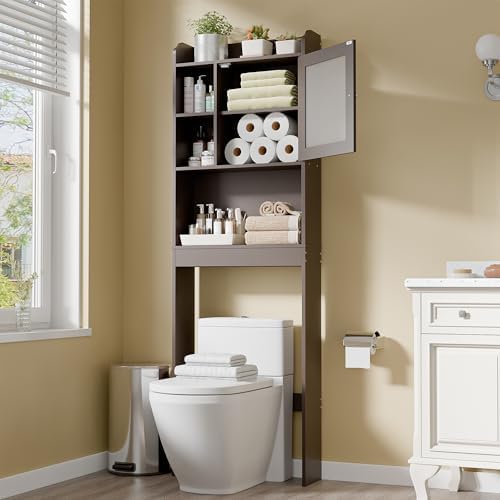SUPER DEAL Over The Toilet Bathroom Storage Cabinet Freestanding Wooden Bathroom Organizer with Adjustable Shelves and Glass Door, Brown by Superdeal