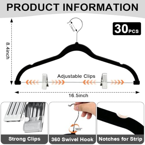 KISEER 30 Pack 16 Inch Velvet Clothes Hangers with Adjustable Clips, Heavy Duty Non Slip Space Saving Pants Skirt Hangers for Closet, Suit, Coat, Shorts, Dress (Black) - Image 2