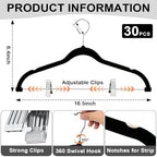 KISEER 30 Pack 16 Inch Velvet Clothes Hangers with Adjustable Clips, Heavy Duty Non Slip Space Saving Pants Skirt Hangers for Closet, Suit, Coat, Shorts, Dress (Black) - Image 2