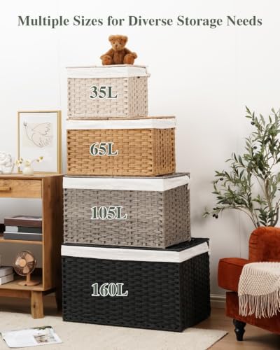 SETVSON Storage Basket with Lid Woven Wicker Baskets, 35L Natural - Image 3