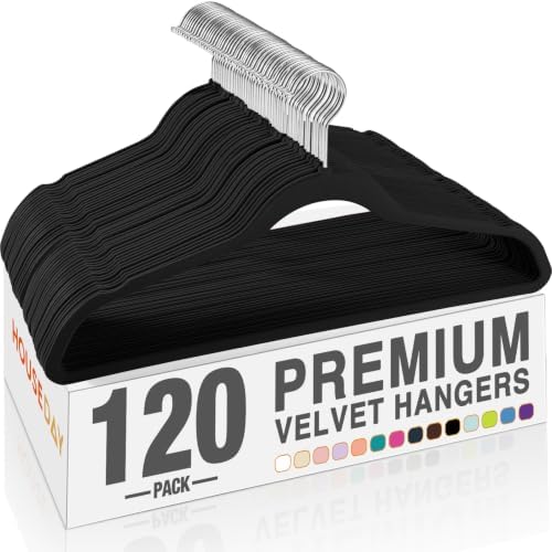 HOUSE DAY Black Velvet Hangers 120 Pack, Premium Clothes Hangers Non-Slip Felt Hangers, Sturdy Black Hangers Heavy Duty Coat Hangers, Durable Suit Hangers, Space Saving No Hanger Mark Rotating Hook by HOUSEDAY