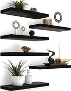 YYWUOJJ Wood Floating Shelves for Wall Decor, Rustic Wall Shelves for Bedroom Bathroom Kitchen Living Room, Set of 6 Black by YYWUOJJ