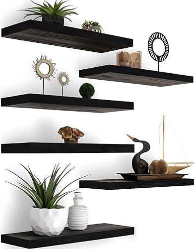 YYWUOJJ Wood Floating Shelves for Wall Decor, Rustic Wall Shelves for Bedroom Bathroom Kitchen Living Room, Set of 6 Black by YYWUOJJ