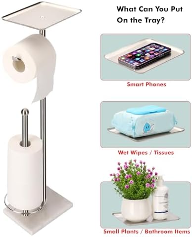 Toilet Paper Holder with Tray at The Top, Sturdy Marble Base No Wobby, Holding Extra 3 Toilet Paper Rolls As Spare Use, Freestanding No Drilling (Brushed Nickel) - Image 3